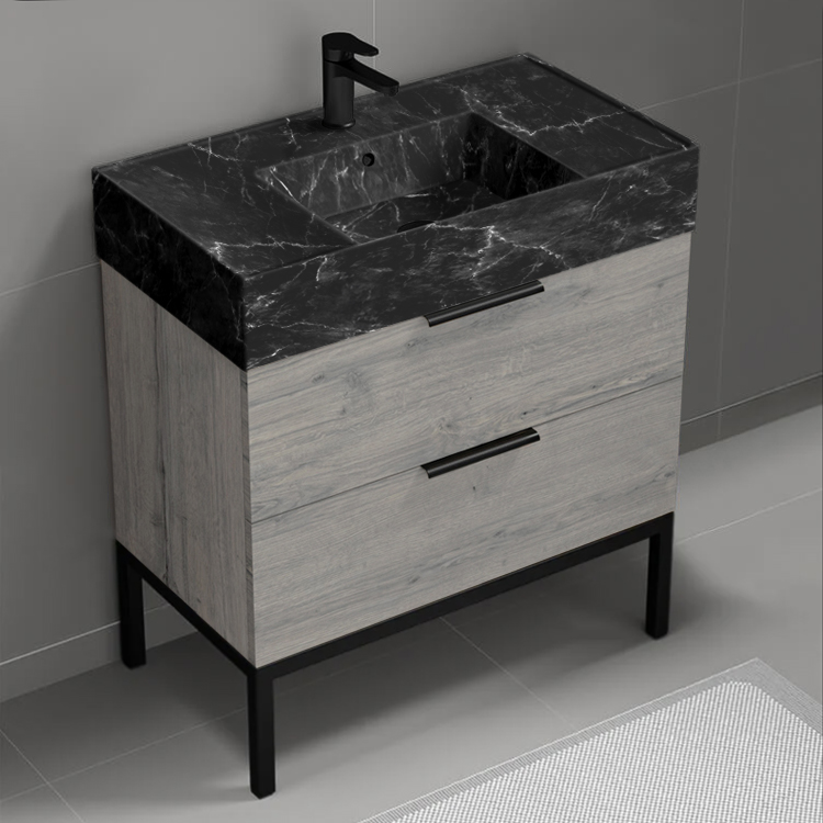 Nameeks DERIN872 32 Inch Black Marble Style Sink Free Standing Bathroom Vanity, Counter Space, 2 Drawers, Grey Oak